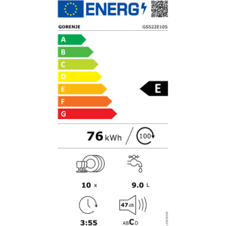 Gorenje Dishwasher | GS522E10S | Built under | Width 44.8 cm | Number of place settings 10 | Number of programs 6 | Energy effic
