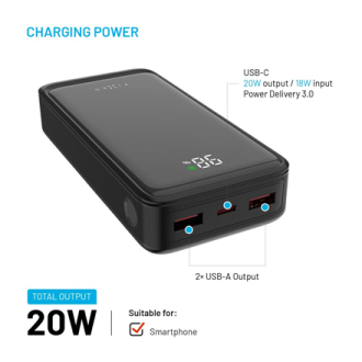 Fixed Power Bank Zen2 20 with LCD Display and PD 20W Output | 20000 mAh | Black Fixed Power Bank Zen2 20 with LCD Display and PD 20W Output | 20000 mAh | Black
