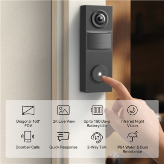 TP-LINK 2K Battery Video Doorbell | Tapo D205 | 3 MP | 2.4mm/F2.2 | IP54 | H.264 | Micro SD, Max. 512