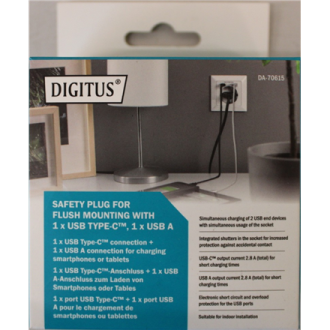SALE OUT. DIGITUS Safety Plug for Flush Mounting with 1 x USB Type-C, 1 x USB A | Digitus | Safety Plug for Flush Mounting with SALE OUT. DIGITUS Safety Plug for Flush Mounting with 1 x USB Type-C, 1 x USB A | Digitus | Safety Plug for Flush Mounting with
