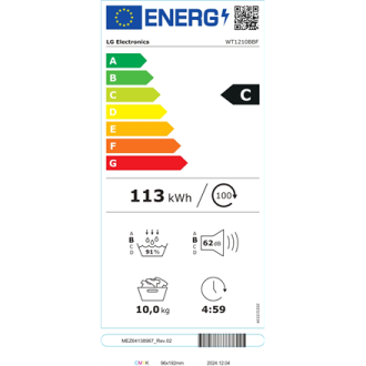 LG | Washing machine with dryer | WT1210BBF | Energy efficiency class A/C | Front loading | Washing capacity 12 kg | 1400 RPM | LG | Washing machine with dryer | WT1210BBF | Energy efficiency class A/C | Front loading | Washing capacity 12 kg | 1400 RPM |
