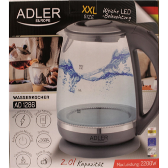 SALE OUT. Adler AD 1286 Kettle, Electric, Power 2200W, Capacity 2 L, Glass, Grey | SALE OUT. | Adler Kettle | AD 1286 | Standard SALE OUT. Adler AD 1286 Kettle, Electric, Power 2200W, Capacity 2 L, Glass, Grey | SALE OUT. | Adler Kettle | AD 1286 | Standard